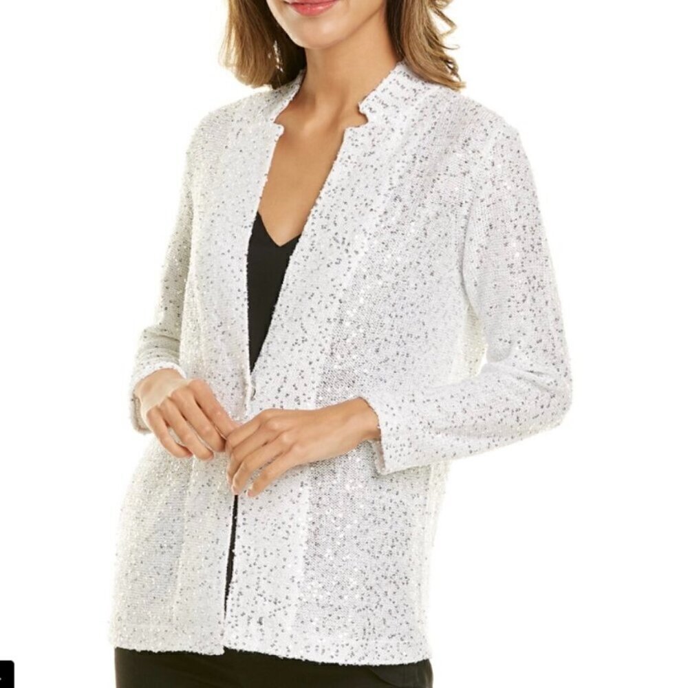Nic+Zoe sequin cardigan sweater knit open-front white silver womens small